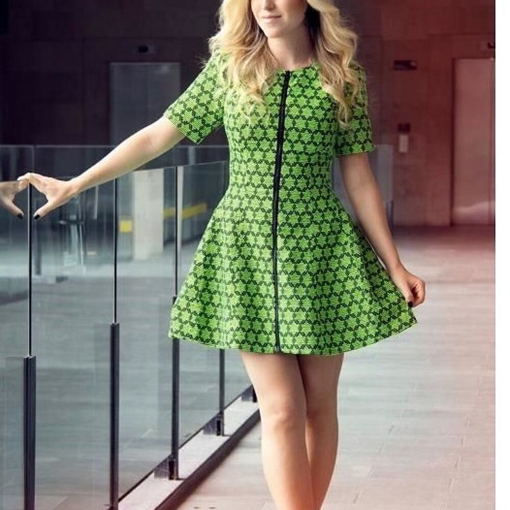 Alexis Geometric Short Sleeve Full Zip Fit & Flare Mini Dress Green Womens Small